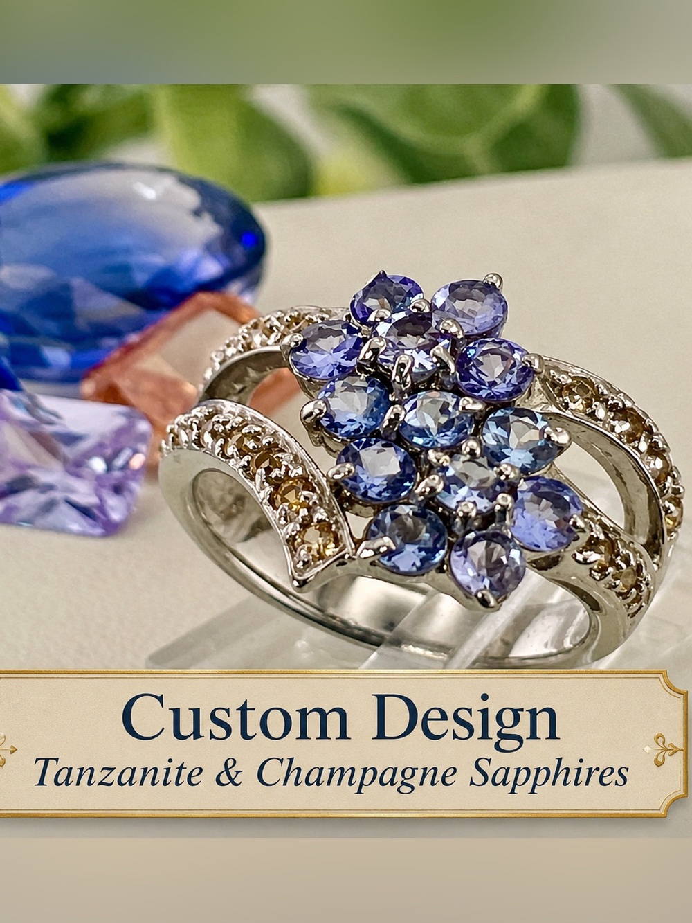 2ct Tanzanite Champagne Sapphire Ring 14k White Gold Electroplated on 925 SS